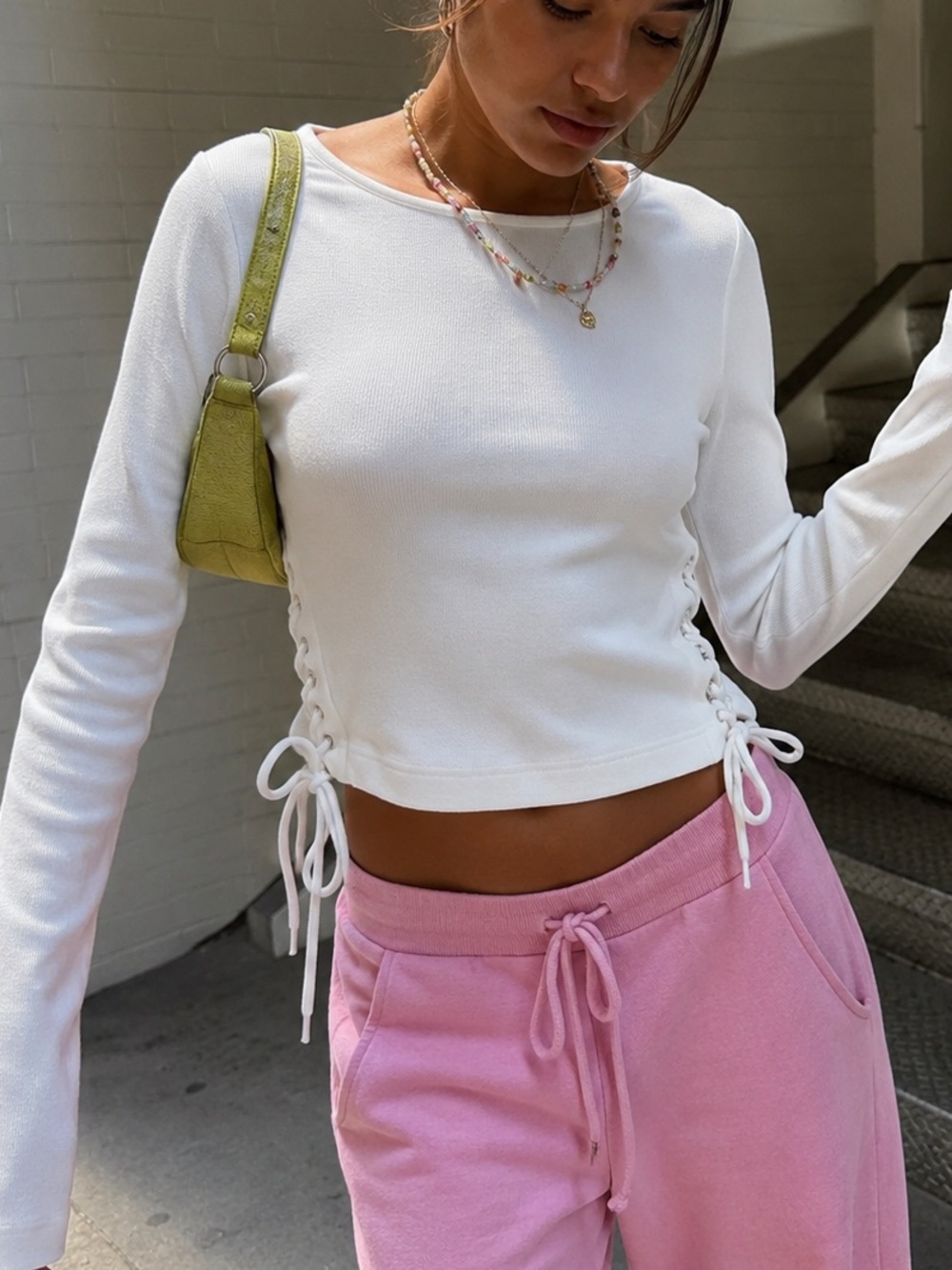 GU Cotton Crop Top Size M White Ribbed Long Sleeve Side Tie Chic Y2K Clean Girl